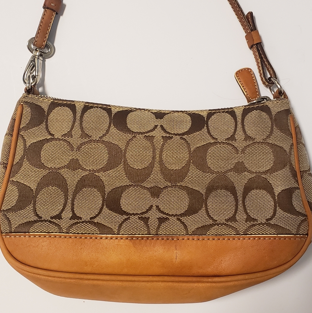 Coach handbag/clutch leather and fabric tan zippered purse